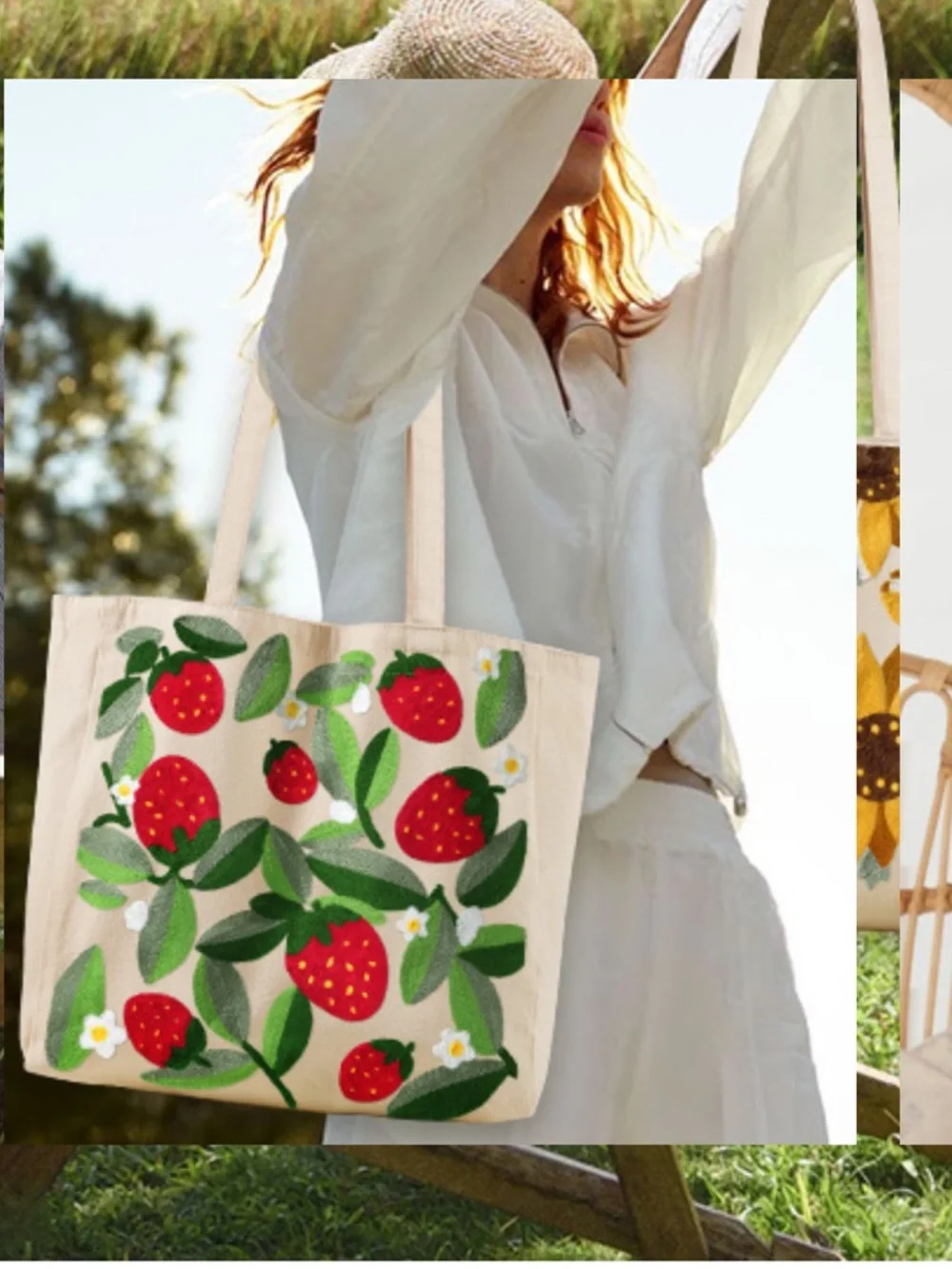 Strawberry embroidered canvas tote bag